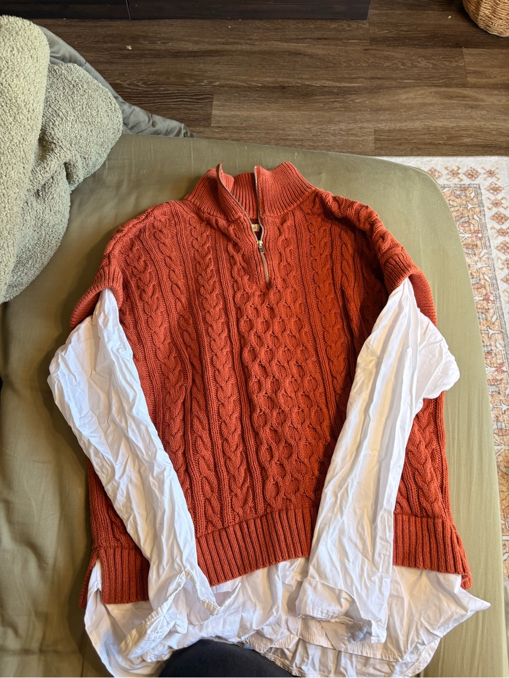 Rust Cable-Knit Half-Zip Sweater with Shirt Layer